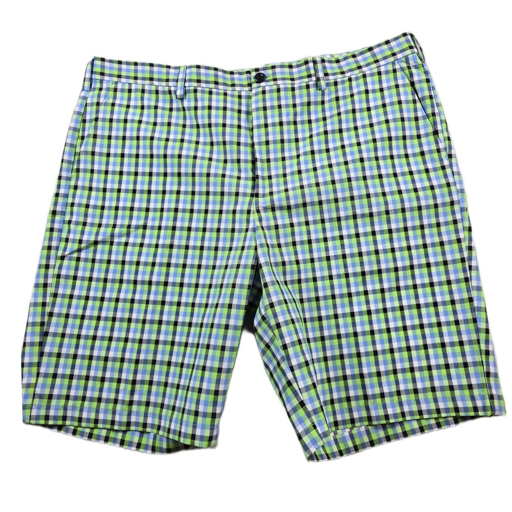 IZOD Golf Shorts Mens 42 Green Blue Plaid Polyester Performance Flat‎ Front